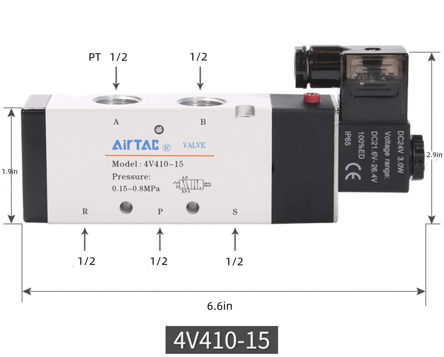 AirTac 4V410-15 DC 24V 5-Port 2-Position Pilot-Operated Solenoid Valve